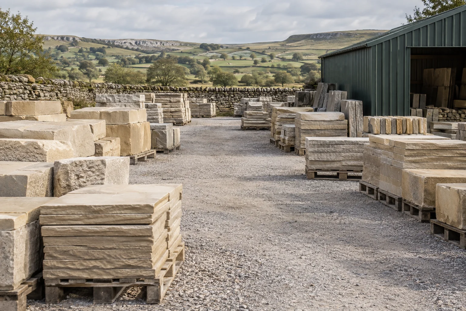 Illustrative Yorkshire stone yard with stacked materials